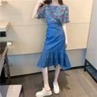 Floral Short-sleeve Top / Plain Mermaid Midi Skirt
