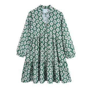 Long-sleeve Geometric Print Smock Dress
