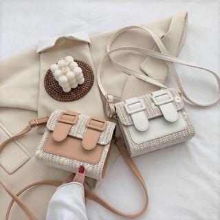 Floral Embroidered Woven Panel Crossbody Bag