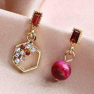 Non-matching Rhinestone Alloy Hexagon & Bead Dangle Earring 03 - 1 Pair - As Shown In Figure - One Size