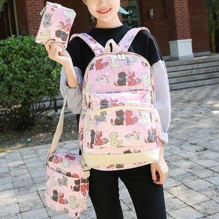 Set: Cat Print Backpack + Cross Bag + Pouch