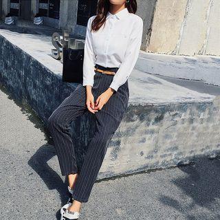 Set: Plain Shirt + Striped Dress Pants