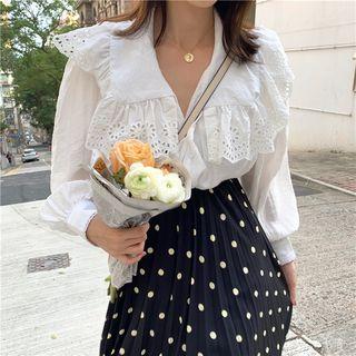 Eyelet Lace Blouse / Polka Dot Maxi A-line Pleated Skirt