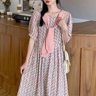 Short-sleeve Floral Print Midi Dress / Cape