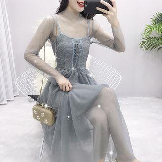 Set: Sequined Sheer Top + Sequined Mesh Sleeveless Dress