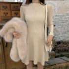 Plain Long-sleeve Slim-fit Knit Dress / Furry Vest