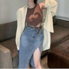 Crop Tank Top / Shirt / Slit Denim Midi Pencil Skirt