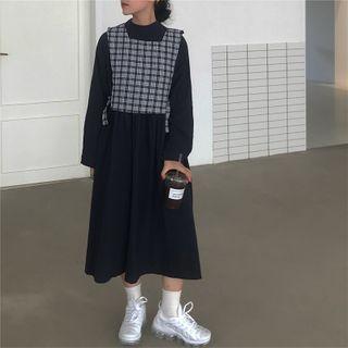 Set: Plaid Tank Top + Long-sleeve Midi Dress As Shown In Figure - One Size