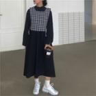 Set: Plaid Tank Top + Long-sleeve Midi Dress As Shown In Figure - One Size