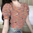 Short-sleeve Embellished Knit Top Yellow & Pink & Blue - One Size