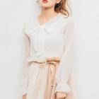 Long Sleeve Tie-neck See-through Top