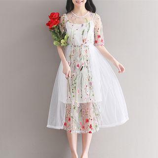 Set: Elbow-sleeve Embroidered Sheer Midi Dress + Slipdress