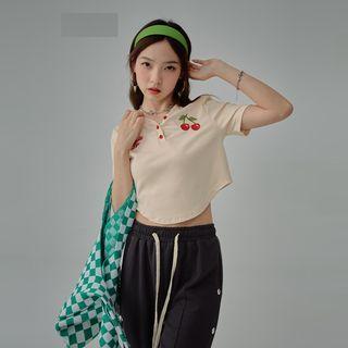 Short-sleeve Fruit Embroidered Crop Top