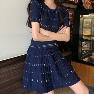 Set: Knitted Short-sleeve Top + A-line Skirt