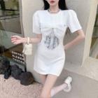 Short-sleeve Bow Accent Lace Trim Mini T-shirt Dress