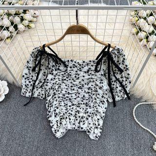 Off Shoulder Ruched Printed Chiffon Crop Blouse