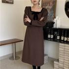 Long-sleeve Square Neck Contrast Trim Dress Brown - One Size