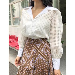 Lace-trim Check Sheer Blouse
