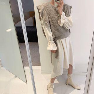 Set: Sleeveless Tie-side Sweater + Shirred Dip-back Dress Beige - One Size