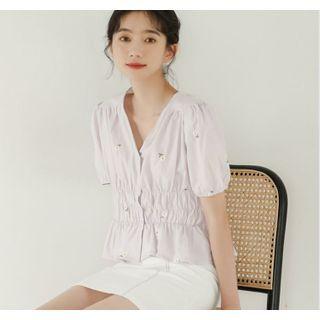 Balloon-sleeve Floral Embroidered Shirred Blouse