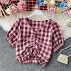 V-neck Ruched Short-sleeve Checked Blouse