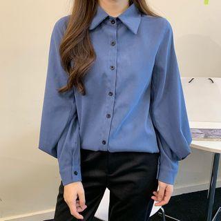 Lantern-sleeve Button-up Plain Shirt