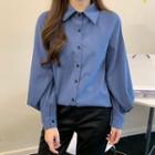 Lantern-sleeve Button-up Plain Shirt