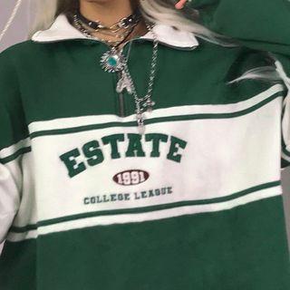 Oversize Lettering Color-block Polo Sweatshirt