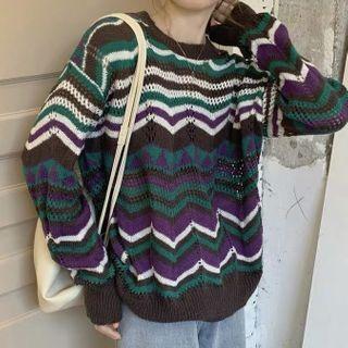 Geometric Print Sweater Gray & Green - One Size