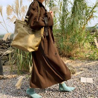 Woolen Trench Coat & Pleather Belt Brown - One Size