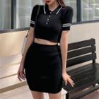 Set: Short-sleeve Collared Cropped Top + Knit Skirt