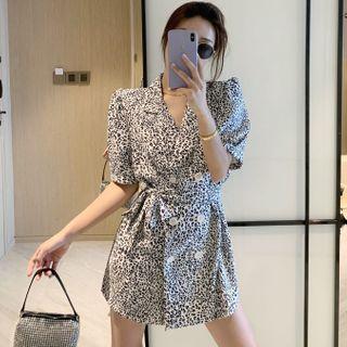Leopard-print Double-breasted Mini Dress With Sash As Shown In Figure - One Size