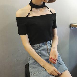 Tie-neck Off-shoulder Short-sleeve T-shirt