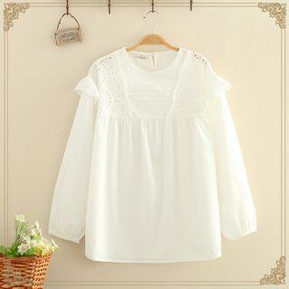 Round-neck Eyelet-lace Blouse White - One Size