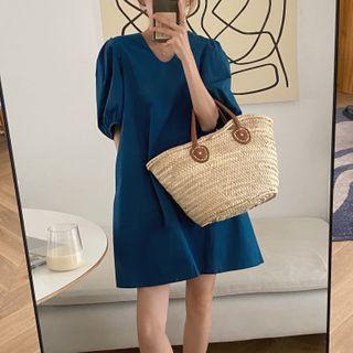 Puff-sleeve V-neck Loose Fit Plain Dress