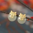 Fortune Cat Sterling Silver Faux Gemstone Earring 1 Pair - White Faux Pearl & Cat - Gold - One Size