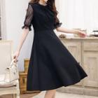 Elbow-sleeve Mesh Paneled A-line Dress