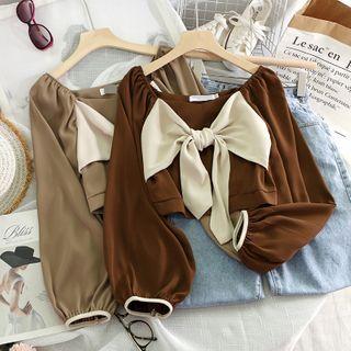 Color-block Bow Long-sleeve Blouse