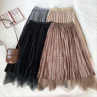 Plain High-waist Velvet Panel Mesh A-line Skirt