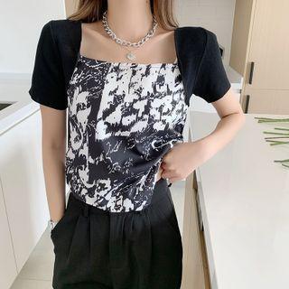 Short-sleeve Print Panel Knit Top
