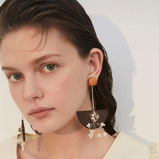 Faux Pearl Branches Wooden Disc Dangle Earring 1 Pair - 925 Silver Stud - Coffee - One Size