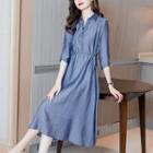 Set: Elbow-sleeve Plain Midi A-line Dress + Slipdress