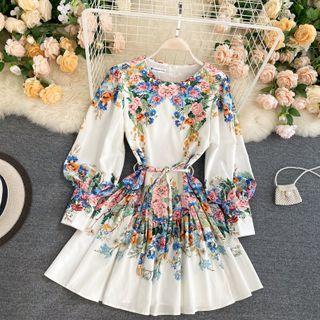 Round-neck Print Puff-sleeve Dress