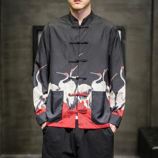 Long-sleeve Stand-collar Scenery Print Frog-buttoned Shirt