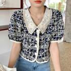 Short-sleeve Lace Collar Floral Cropped Blouse