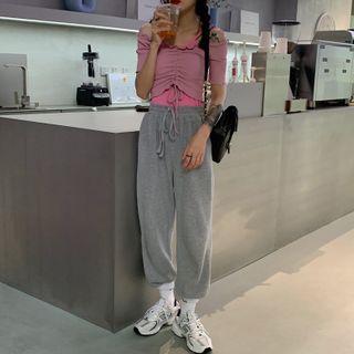 Short-sleeve Drawstring Cropped T-shirt / Gathered Cuff Pants