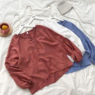 Plain V-neck Puff-sleeve Blouse