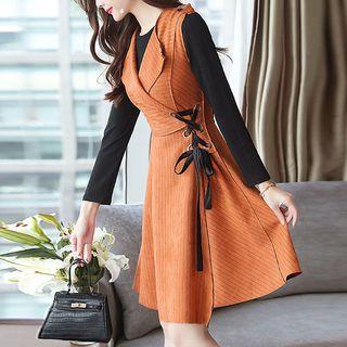 Set: Long-sleeve T-shirt + Pinstriped Lace-up Pinafore Dress