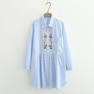 Floral Embroidered Striped Mini Shirtdress Light Blue - One Size