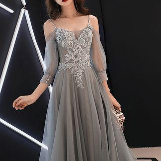 3/4-sleeve Cold Shoulder A-line Evening Gown